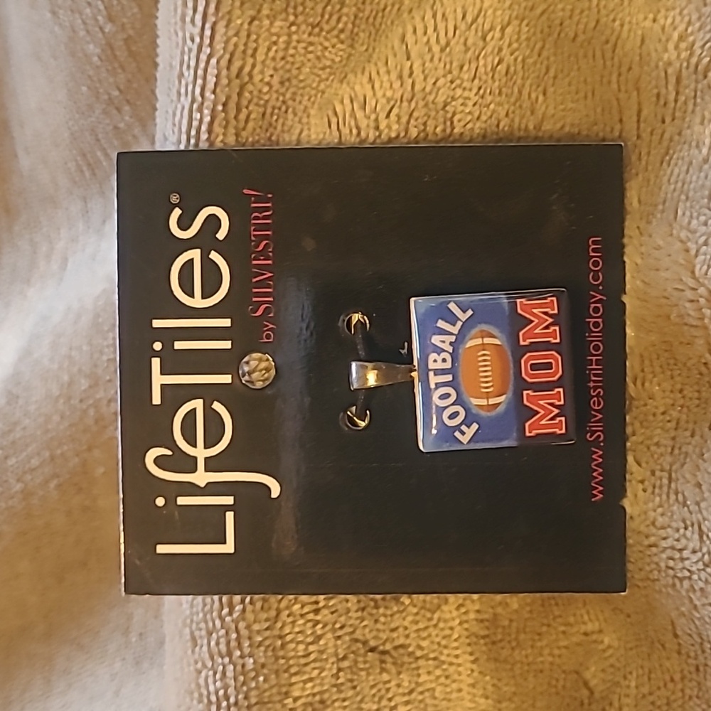 New LifeTiles by Silvestri Enameled Wood Football Mom Charm Pendant Metal Loop
